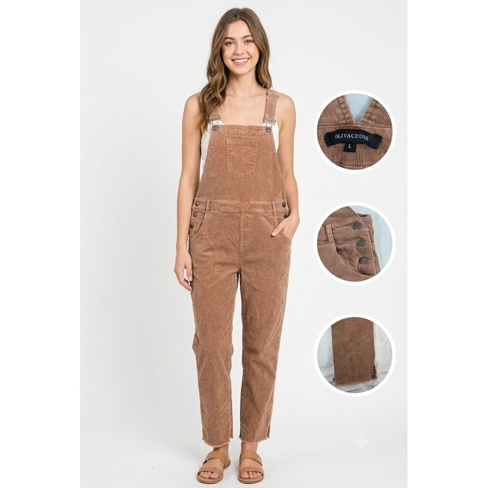 Olivaceous Womens Overalls Size L Brown Stretch Corduroy Raw Hem Bib Pockets